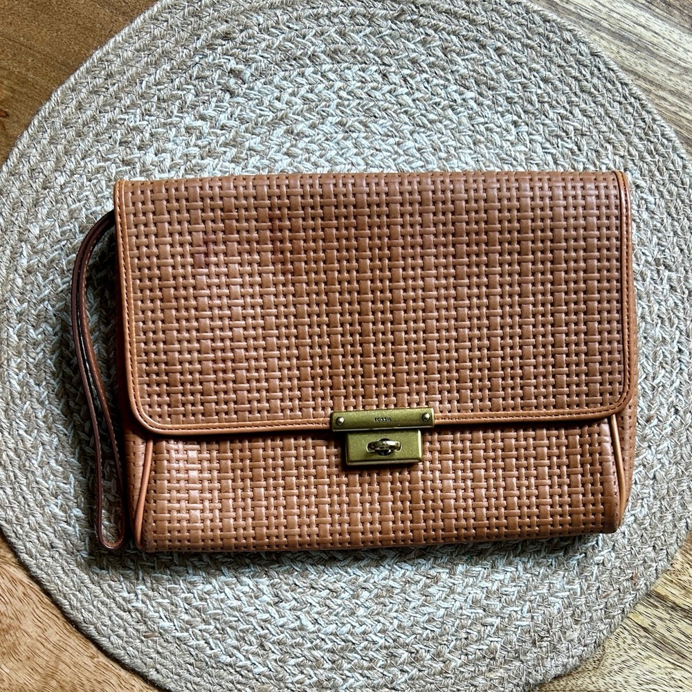 Fossil Woven Leather Wristlet Clutch - Tan